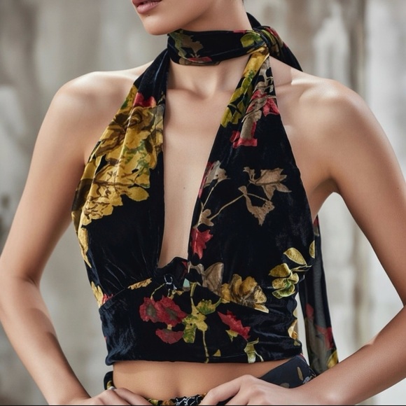 For Love And Lemons Tops - For Love & Lemons Black Velvet Floral Halter Crop Top